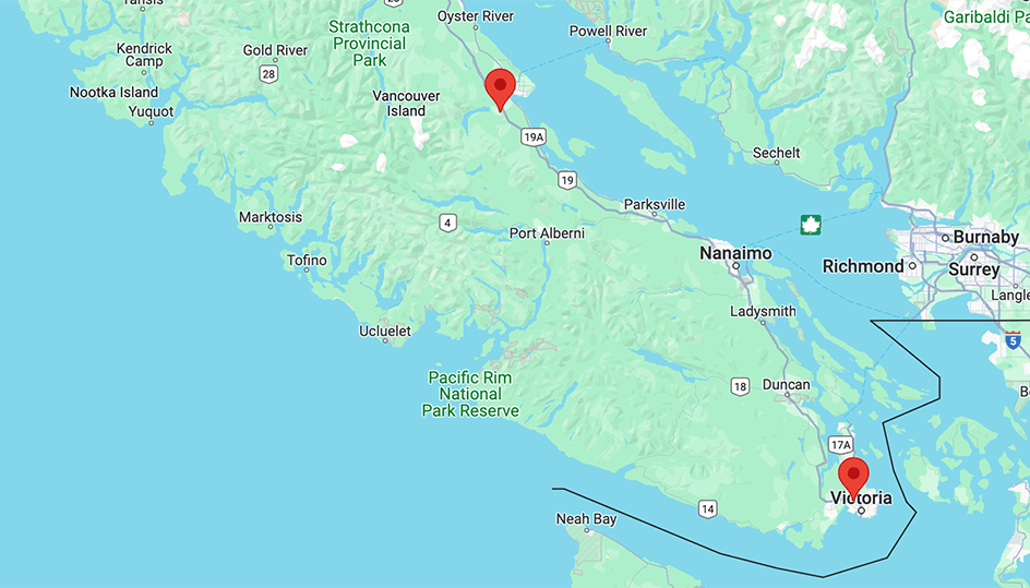 Map of southern Vancouver Island with a pin icon on Storm Industries Ltd. in Saanich